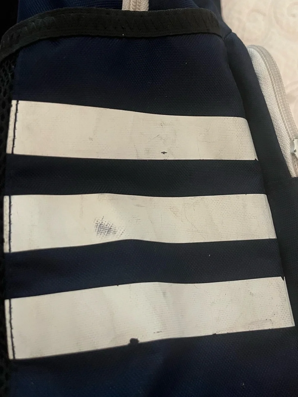🎒 Adidas Navy Blue Backpack with Grey Base and White Stripes